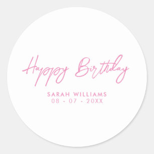 Happy Birthday roze en White Modern Script Ronde Sticker