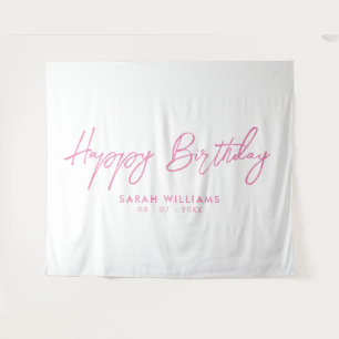Happy Birthday Roze en Wit Modern Schrift Wandkleed