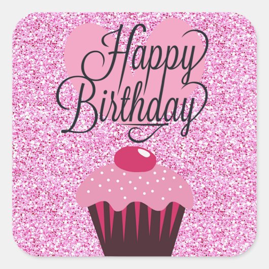 Happy Birthday Roze Glitter Cupcake Stickers (Voorkant)
