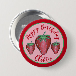 Happy Birthday roze rode aardbeien Ronde Button 7,6 Cm