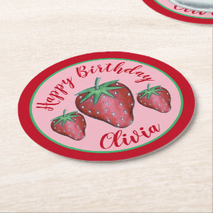 Happy Birthday roze rode aardbeien Ronde Kartonnen Onderzetter