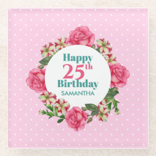 Happy Birthday roze Rose Red White Petunia Polka Glazen Onderzetter