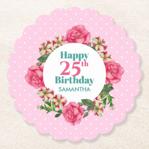 Happy Birthday roze Rose Red White Petunia Polka Kartonnen Onderzetters