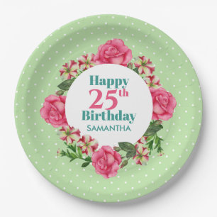 Happy Birthday roze Rose Red White Petunia Polka Papieren Bordje