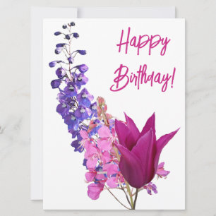 Happy Birthday roze tulp paarse bloemenpret Feestdagenkaart