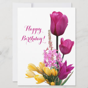 Happy Birthday  roze tulpen geel bloemen Feestdagenkaart