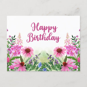 Happy Birthday roze Waterverf Wildbloemen Briefkaart