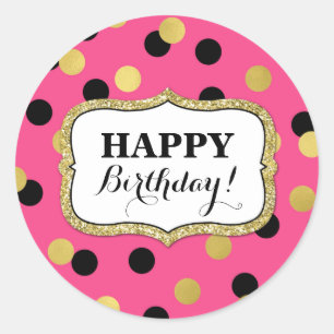 Happy Birthday Roze Zwart Goud Confetti Ronde Sticker