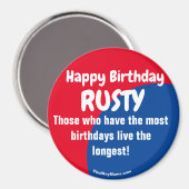 Happy Birthday RUSTY red/blue magnet Magneet (Voorkant / Achterkant)