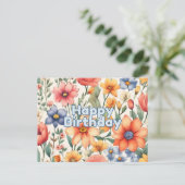 Happy Birthday Schattige Abstract Waterverf Flower Briefkaart (Staand voorkant)