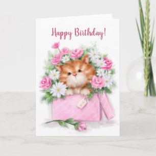 Happy Birthday, schattige kat in bloemdoos Kaart