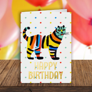 Happy Birthday Schattige Kleurrijke Tiger Cat Blan Folie Wenskaart