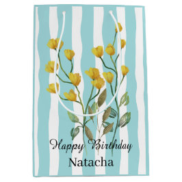 Happy Birthday Schattige zoetblauwe strepen floral Medium Cadeauzakje