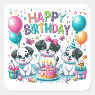Happy Birthday Schattigee Puppies Vieren Vierkante Sticker