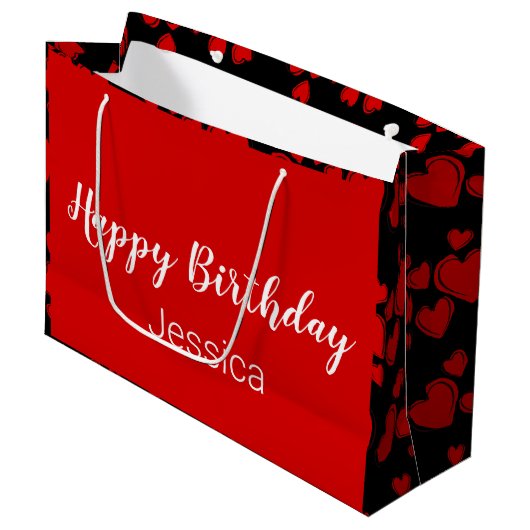 Happy Birthday Script Black en Red Hearts Groot Cadeauzakje (Voorkant Gekanteld)