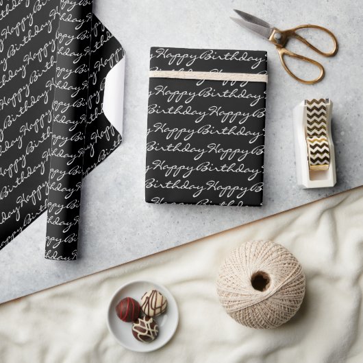 Happy Birthday Script Font Pattern Black and White Cadeaupapier (Crafts)