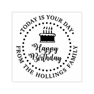 Happy Birthday Script Kalligrafie en Cake Ronde Zelfinktende Stempel