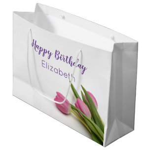 Happy Birthday Script Roze Tulpen Naam Sjabloon Groot Cadeauzakje