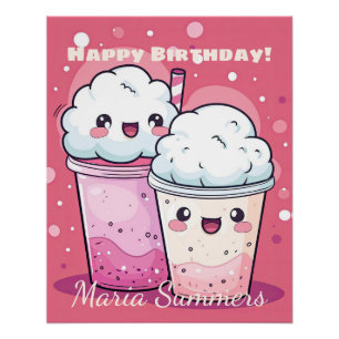 Happy Birthday Sneeuwcrème IJs Kawaii Schattige Perfect Poster