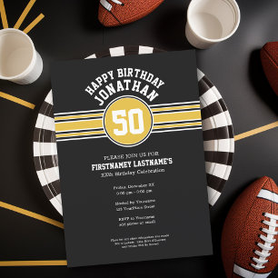 Happy Birthday Sports Stripes met Age Gold Black Kaart