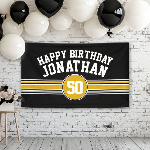 Happy Birthday Sports Stripes met Leeftijd Black G Spandoek
