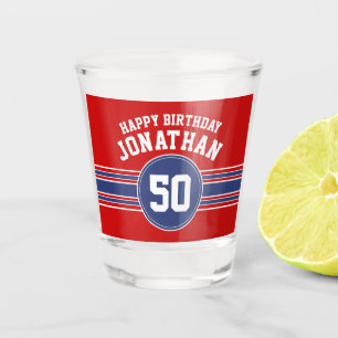 Happy Birthday Sports Stripes with Age - Red Blue Shot Glas