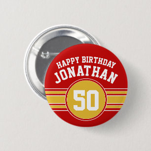 Happy Birthday Sportstripes met Goud Red Ronde Button 5,7 Cm