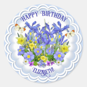 Happy Birthday Spring Flowers and Butterflies Cla Ronde Sticker