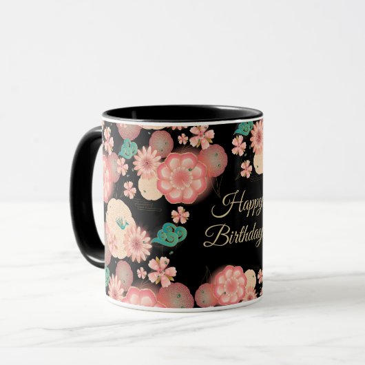 Happy Birthday Spring Peach Flowers Garden Pattern Mok (Voorkant links)