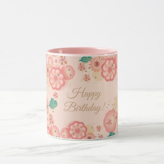 Happy Birthday Spring Peach Flowers Garden Pattern Mok (Midden)