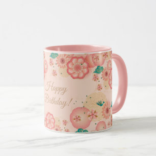 Happy Birthday Spring Peach Flowers Garden Pattern Mok
