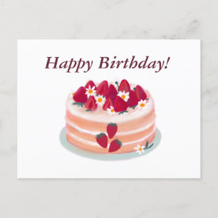Happy Birthday Strawberry Fruit Cake and Flowers Briefkaart