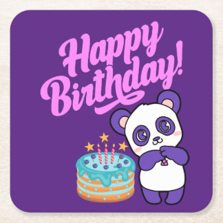 Happy Birthday Sweet Paars Panda Vierkante Kartonnen Onderzetter