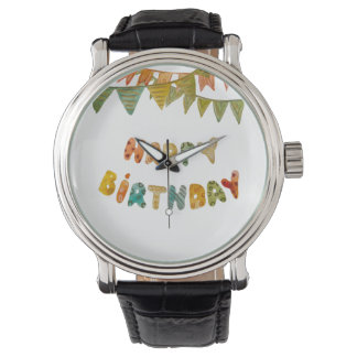 Happy Birthday-tekst markeert schattige, kleurrijk Horloge
