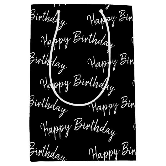Happy Birthday tekst op zwart Medium Cadeauzakje (Voorkant)