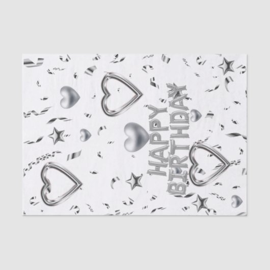 Happy Birthday Tissue Paper Silver Hearts Tissuepapier (Voorkant)