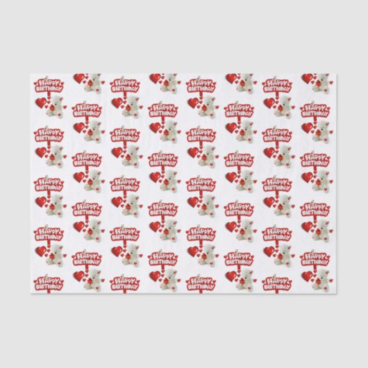 Happy Birthday Tissue White Teddy Bear Tissuepapier (Voorkant)