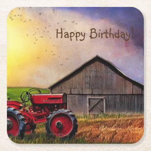 Happy Birthday Tractor en Barn Napkins Vierkante Kartonnen Onderzetter