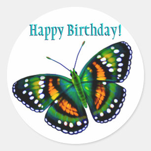 Happy Birthday Tropical Blauwgroen Green Butterfly Ronde Sticker