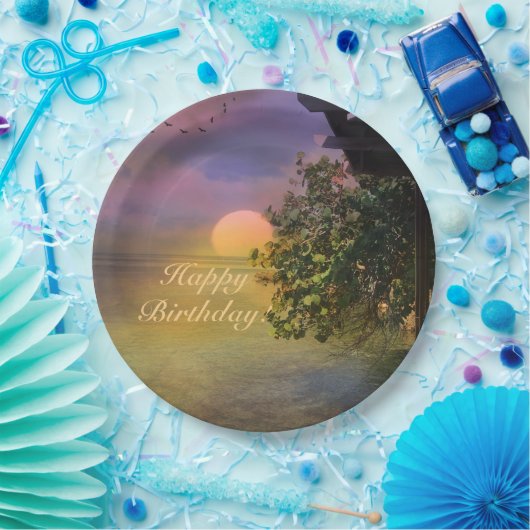 Happy Birthday Tropical Sunset Papieren Bordje (Feest)
