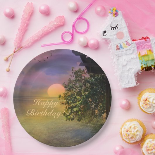 Happy Birthday Tropical Sunset Papieren Bordje (Feest)