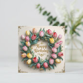 Happy Birthday Tulip Flower Wreath  Kaart (Staand voorkant)