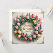 Happy Birthday Tulip Flower Wreath  Kaart (Voorkant / Achterkant in situ)
