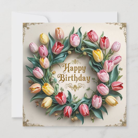 Happy Birthday Tulip Flower Wreath  Kaart (Voorkant)