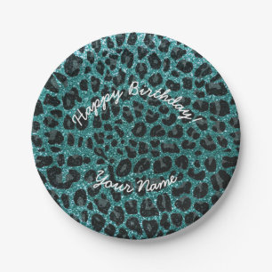 Happy Birthday turquoise glitter leopard Papieren Bordje