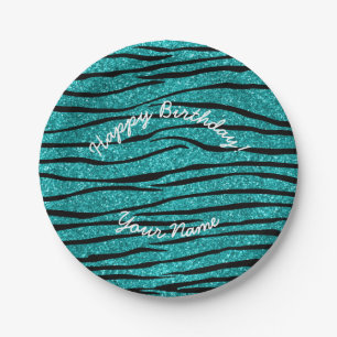 Happy Birthday turquoise glitter zebra stripes Papieren Bordje