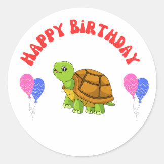 Happy Birthday Turtle Kaart met Ballonnen - Ronde Sticker