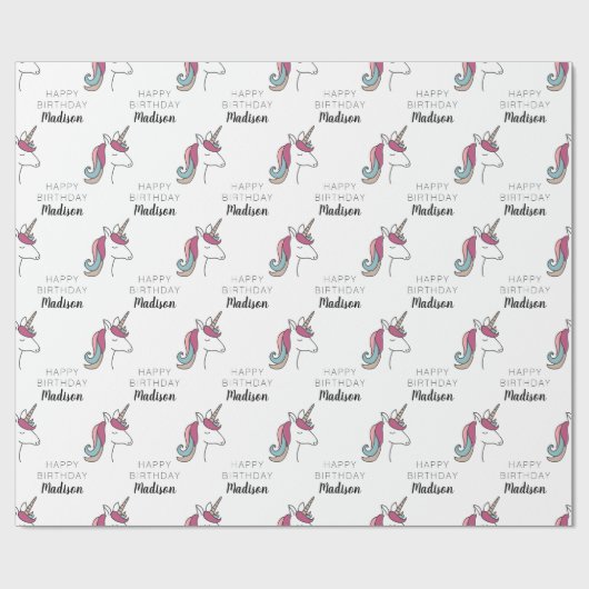 Happy Birthday | Unicorn Naam toevoegen Cadeaupapier (Vlak)