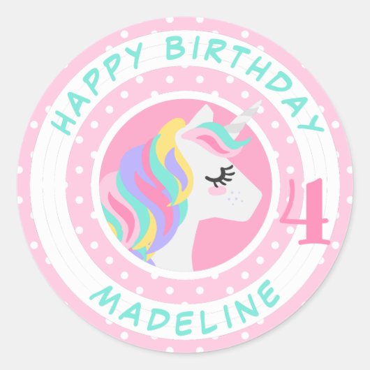 Happy Birthday | Unicorn Pastel Polka Dots Ronde Sticker (Voorkant)