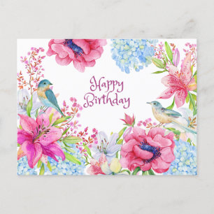 Happy Birthday Vibrant Waterverf Flowers & Birds Briefkaart
